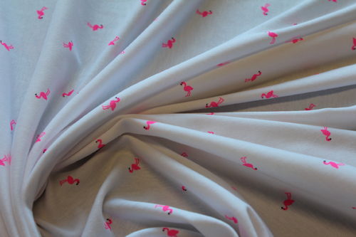 1 Lfm Jersey 3,50€/m² weiß, pinke Flamingos Baumwolle P3